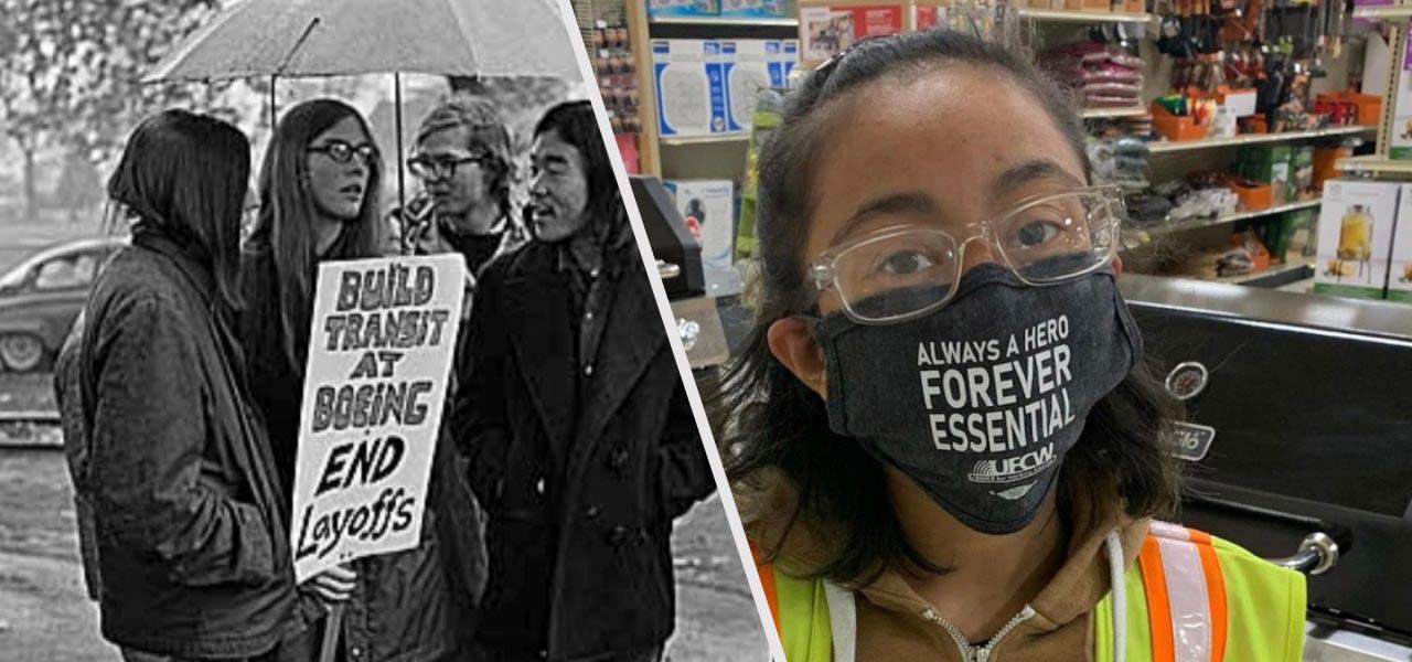 A group of women with a protest sign and another woman wearing a mask for the COVID-19 pandemic.