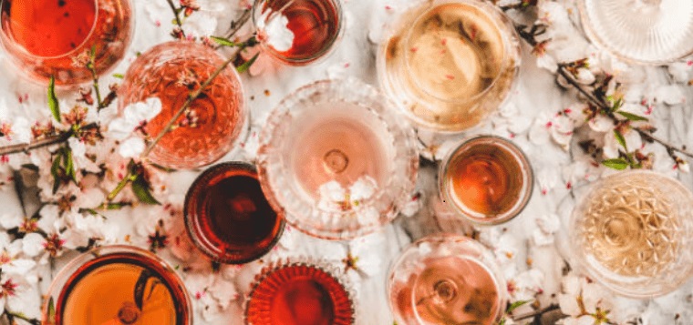 Table top view of select rose wines.