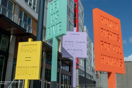 Colorful signs along the AIDS memorial path in Seattle.