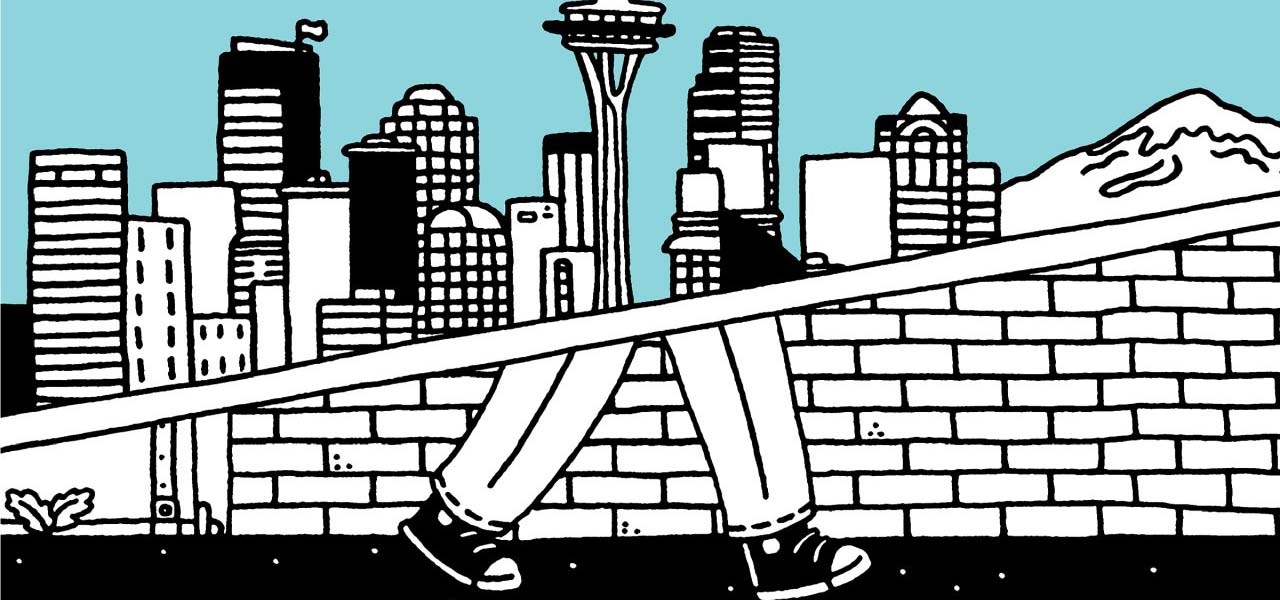 Cartoon graphic of feet walking on a sidewalk in Seattle.