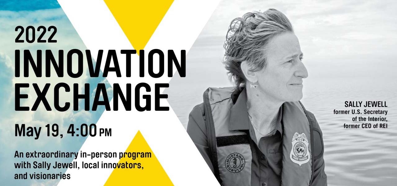 Graphic and photo mix promoting MOHAI's Innovation Exchange event featuring Sally Jewell.
