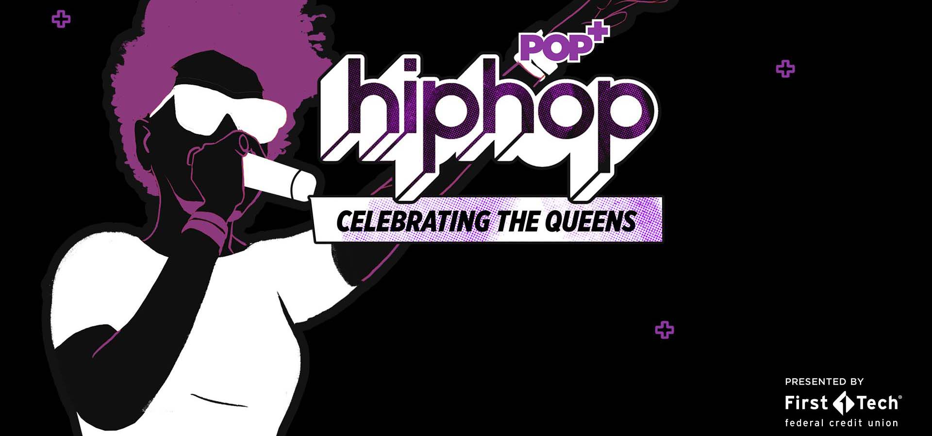 Purple, black and white graphic of a rapper using a mic and pointing in the air.