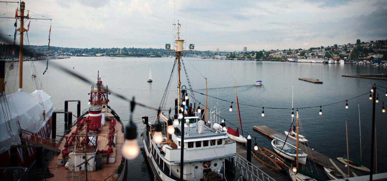 Boats moored at Lake Union.