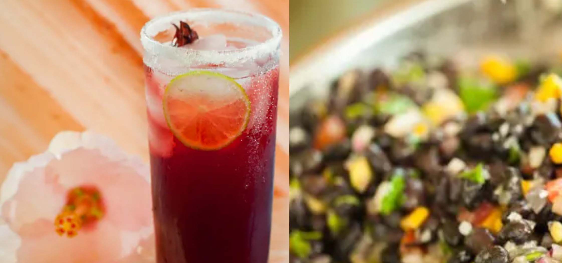 Red cocktail and a side of black bean salad.