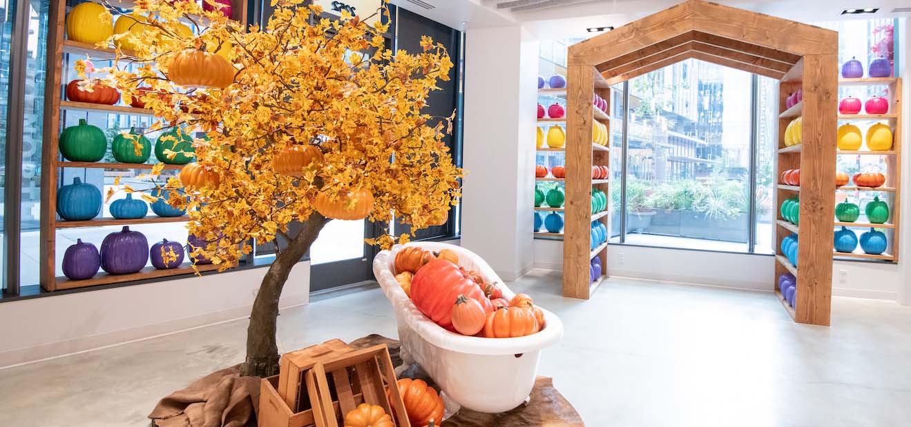 Fall themed selfie station inside a retail shop featuring a claw-foot tub filled with pumpkins.