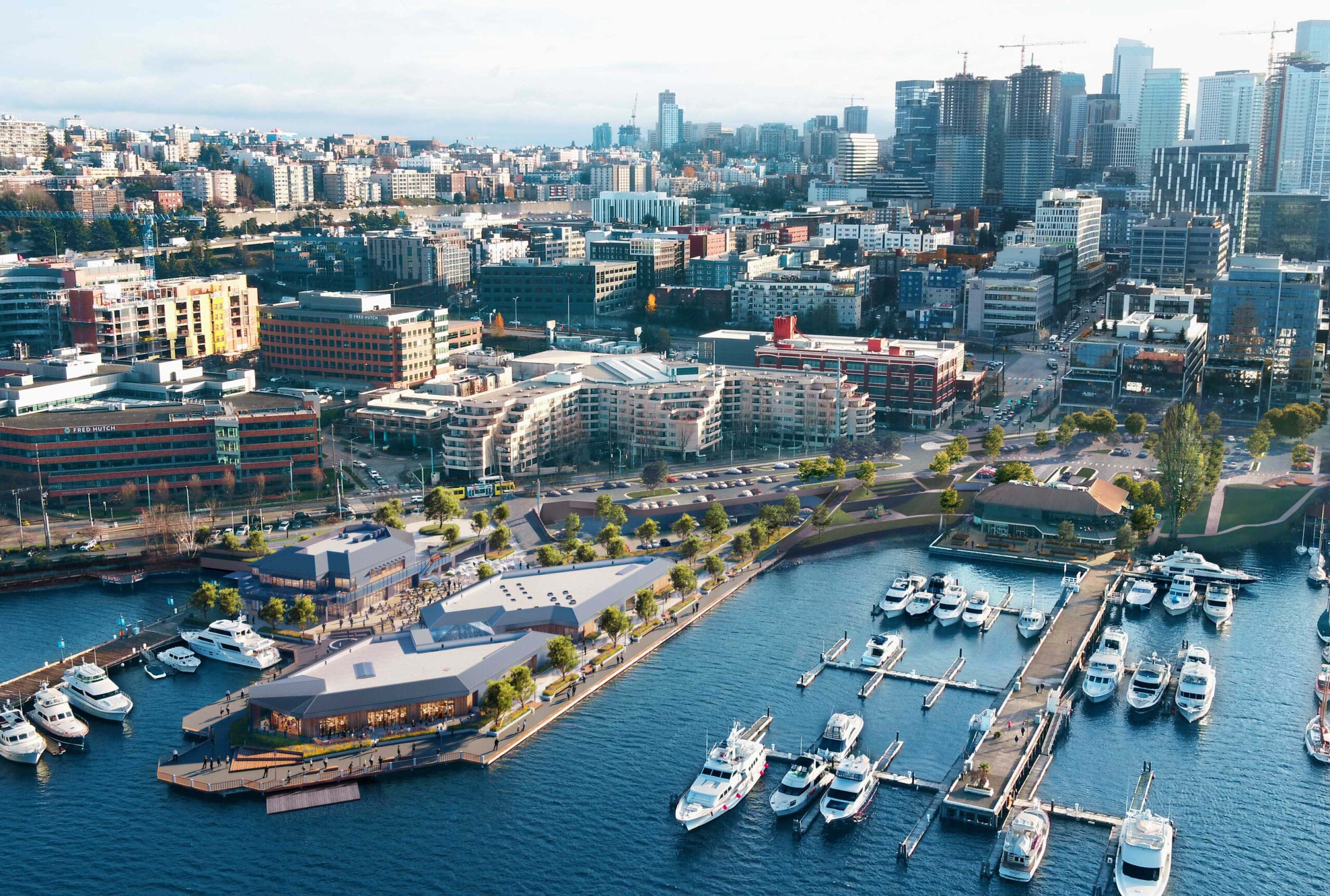 Boats moored near Lake Union Piers.