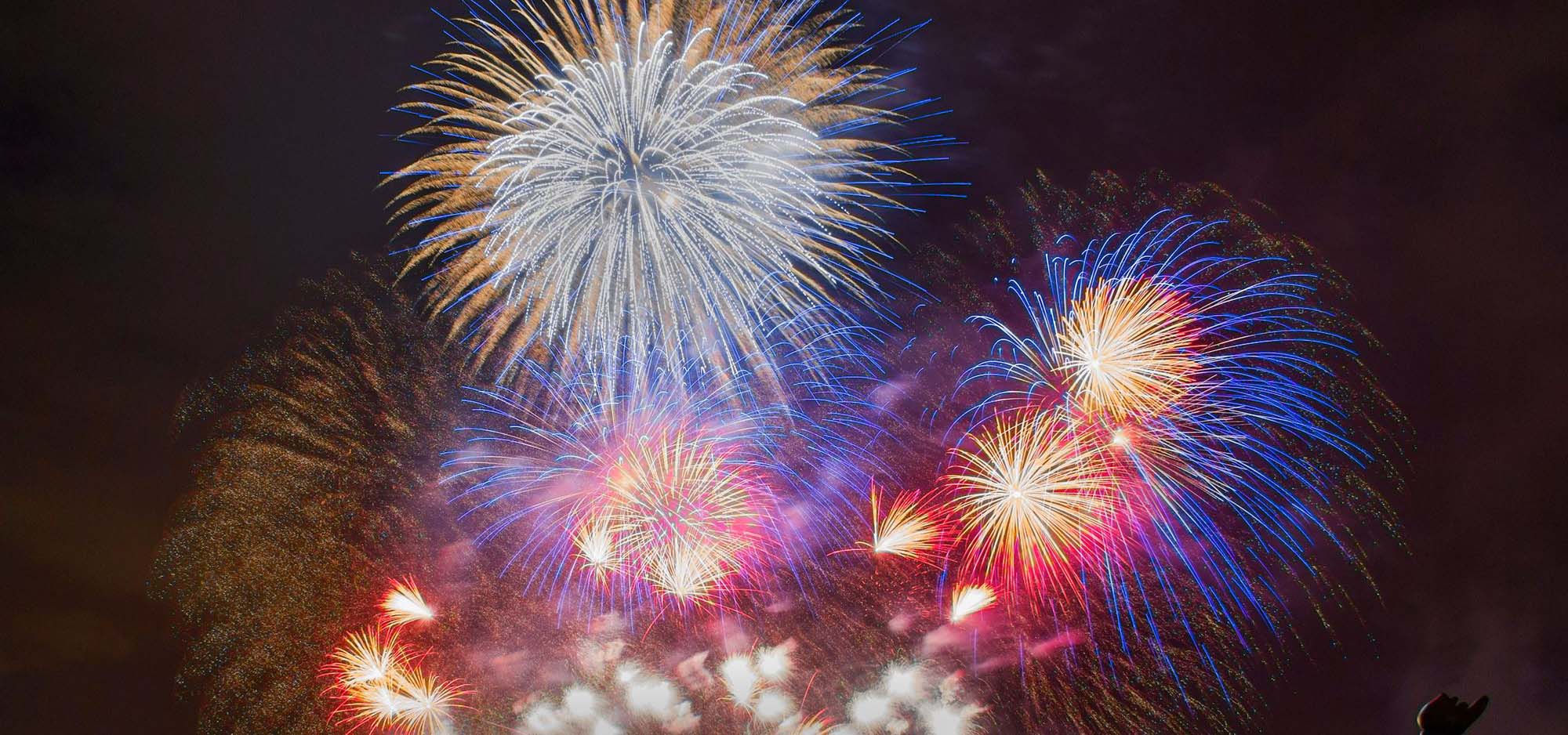 Photo of fireworks exploding at night.