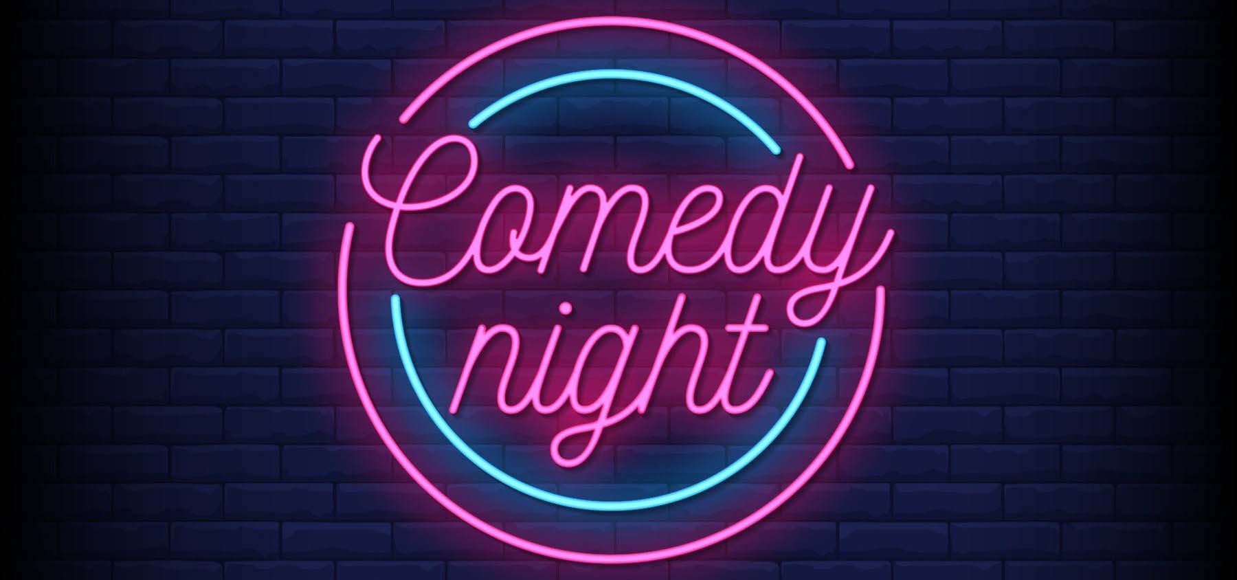 Navy graphic with neon sign text for Comedy Night.