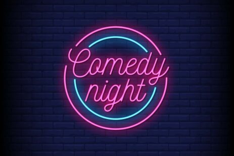 Navy graphic with neon sign text for Comedy Night.