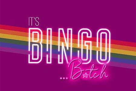 Pink graphic with a rainbow in the middle for Drag Bingo night.