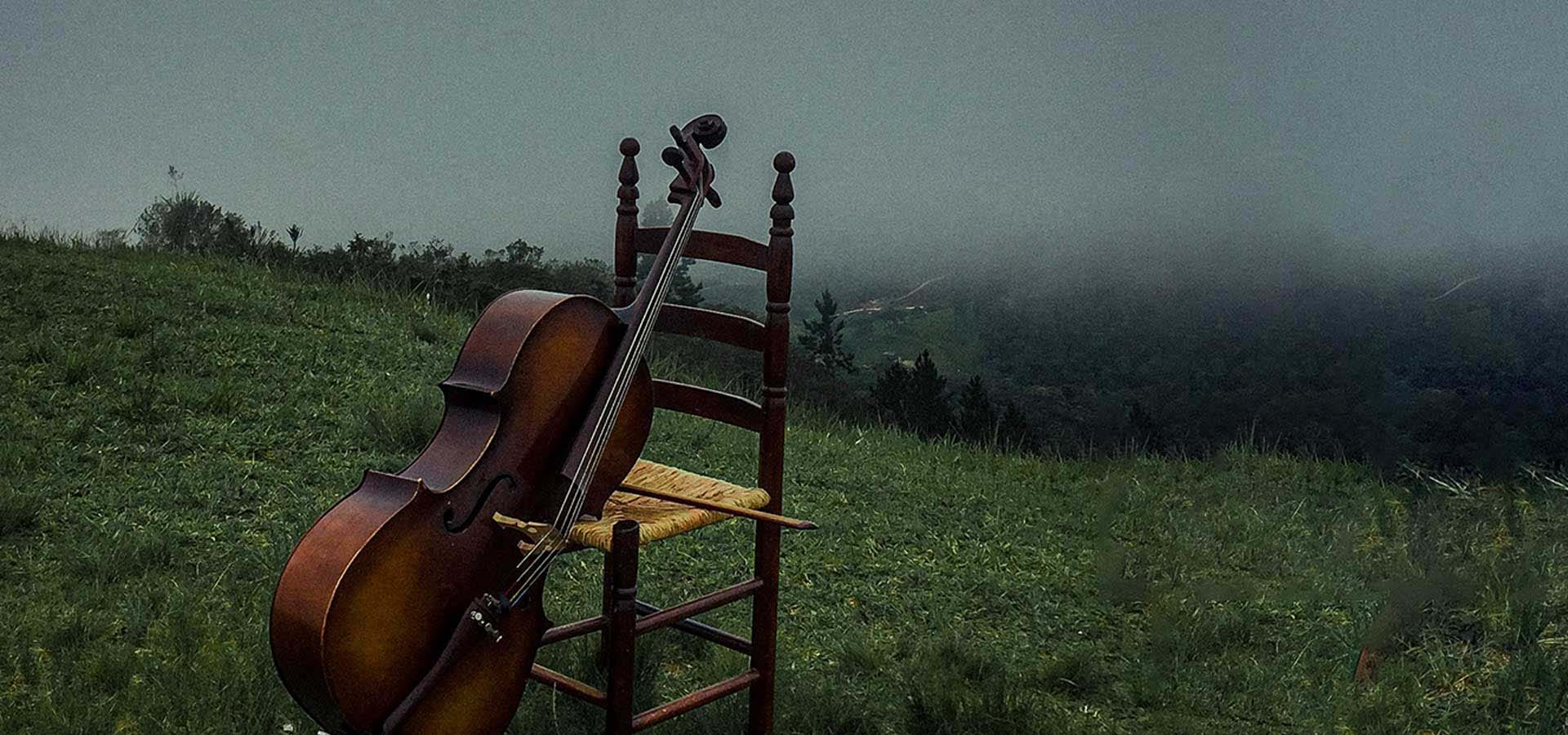 Foggy meadow with a chair and cello arranged for dramatic effect.