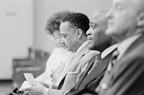 b&w photo of several men