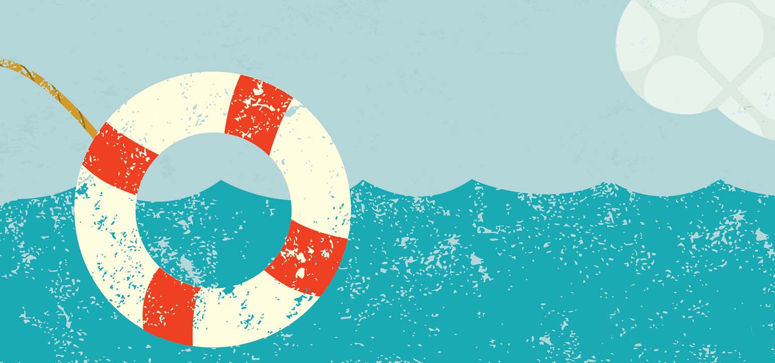 Graphic of a red and white life saver ring with a blue background.