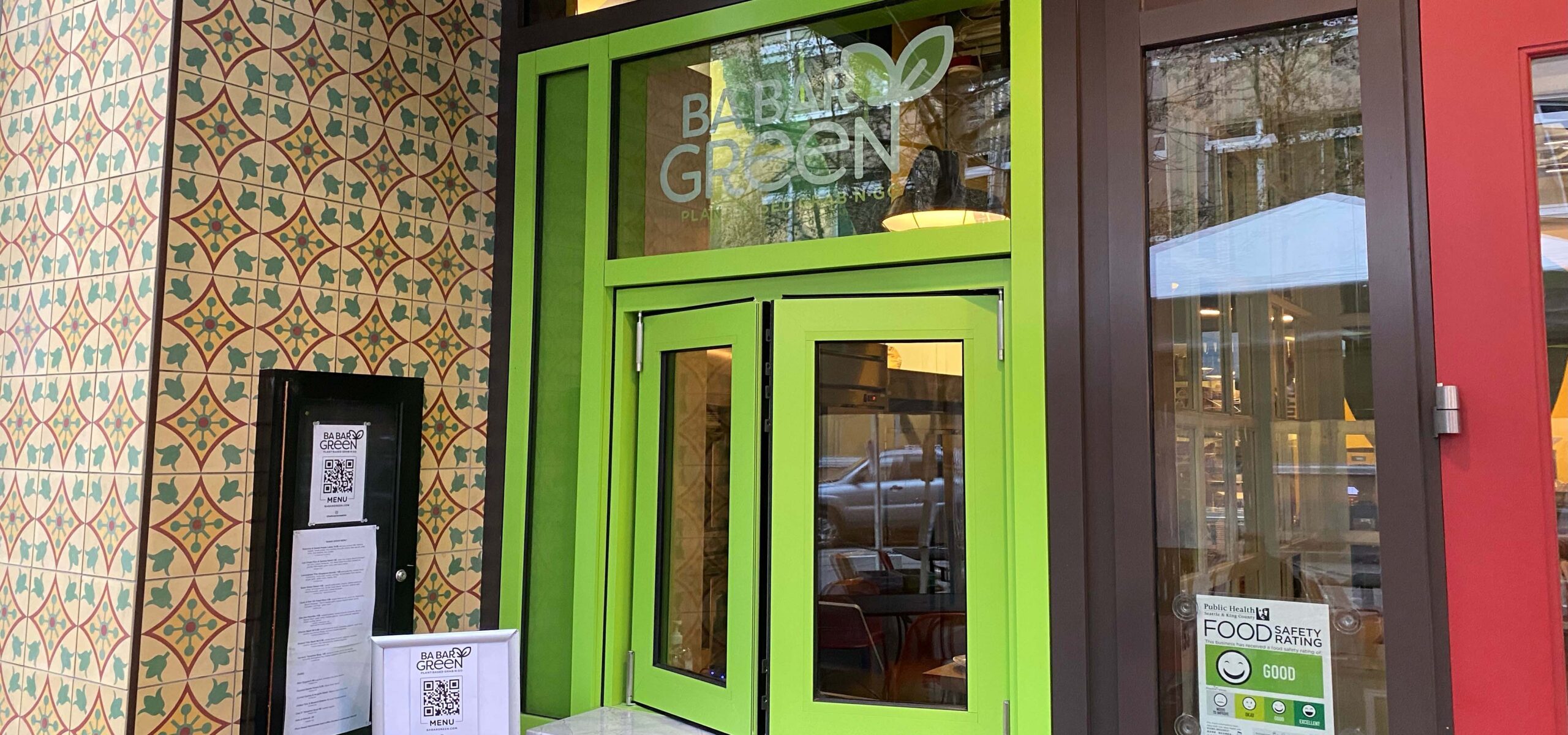 Restaurant walk up pick up window painted green.