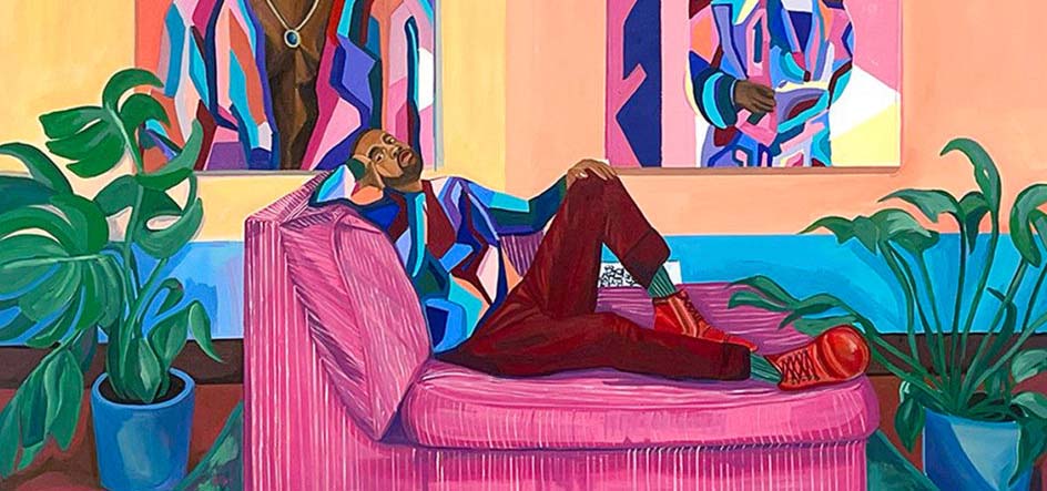 Bright painting of a man relaxing on a pink sofa.