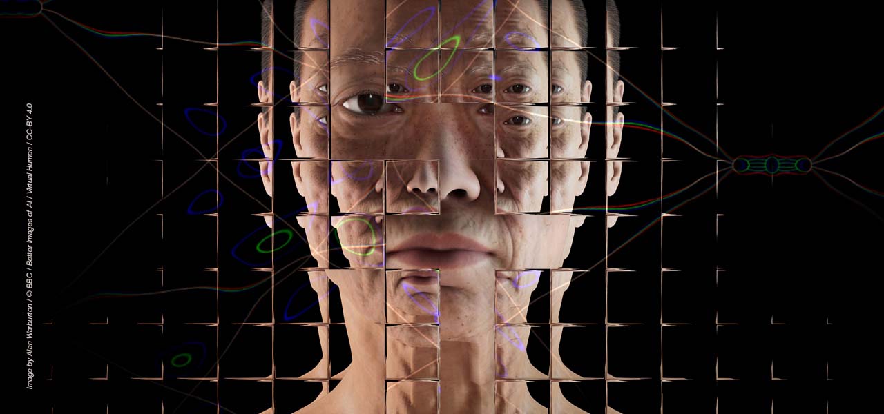 Photo of a man's face blurred by a cross-reed glass grid.
