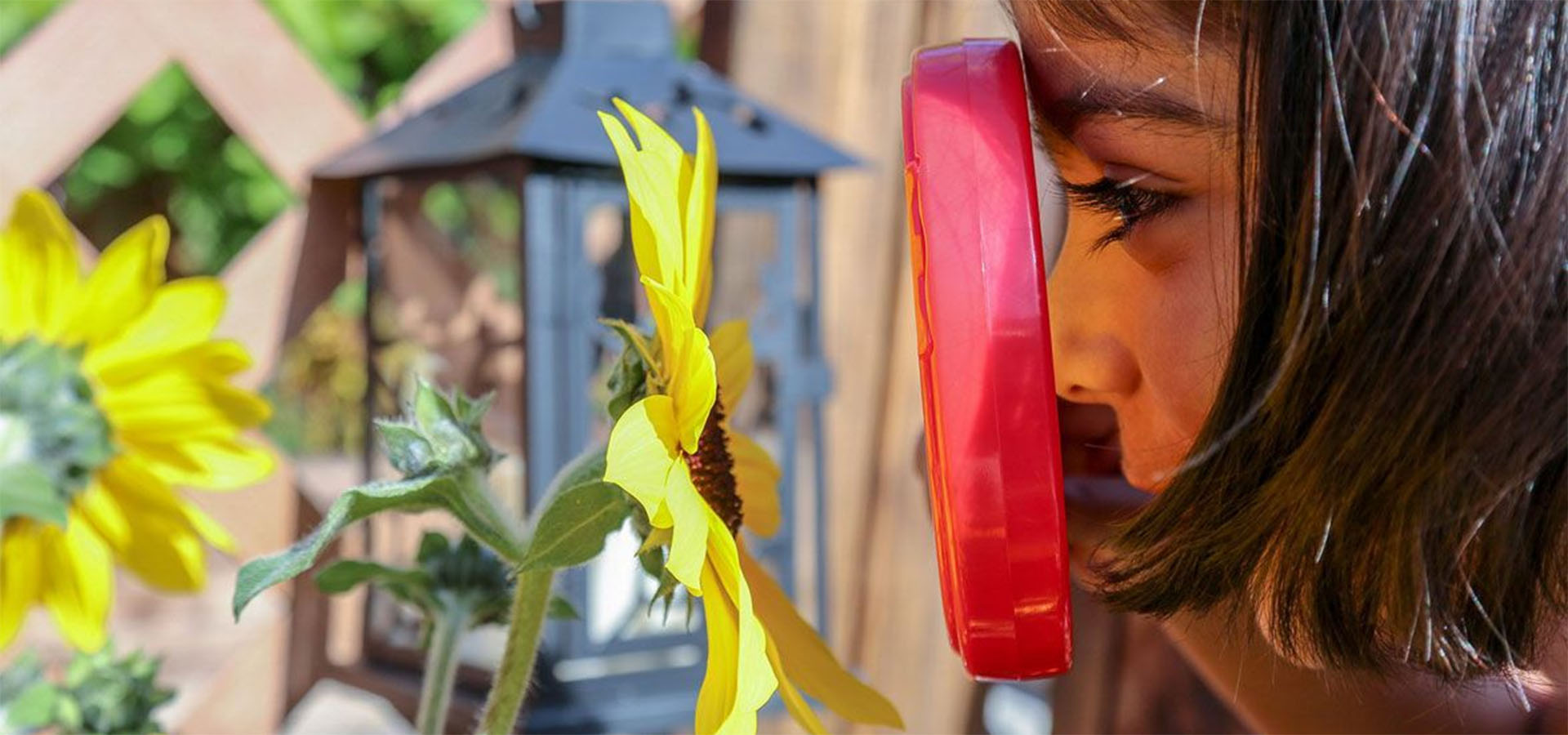 girl looking at flower through magnifying glass