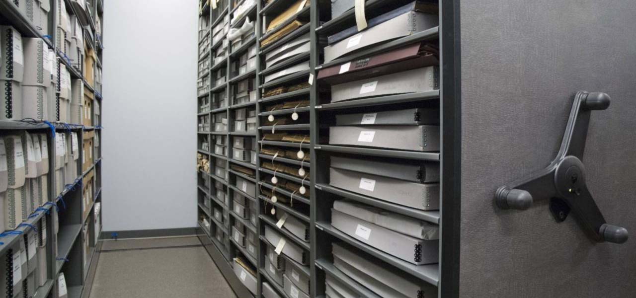 A bookcase of archived materials.