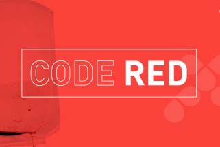 Red graphic with red blood donation bag and words Code Red.