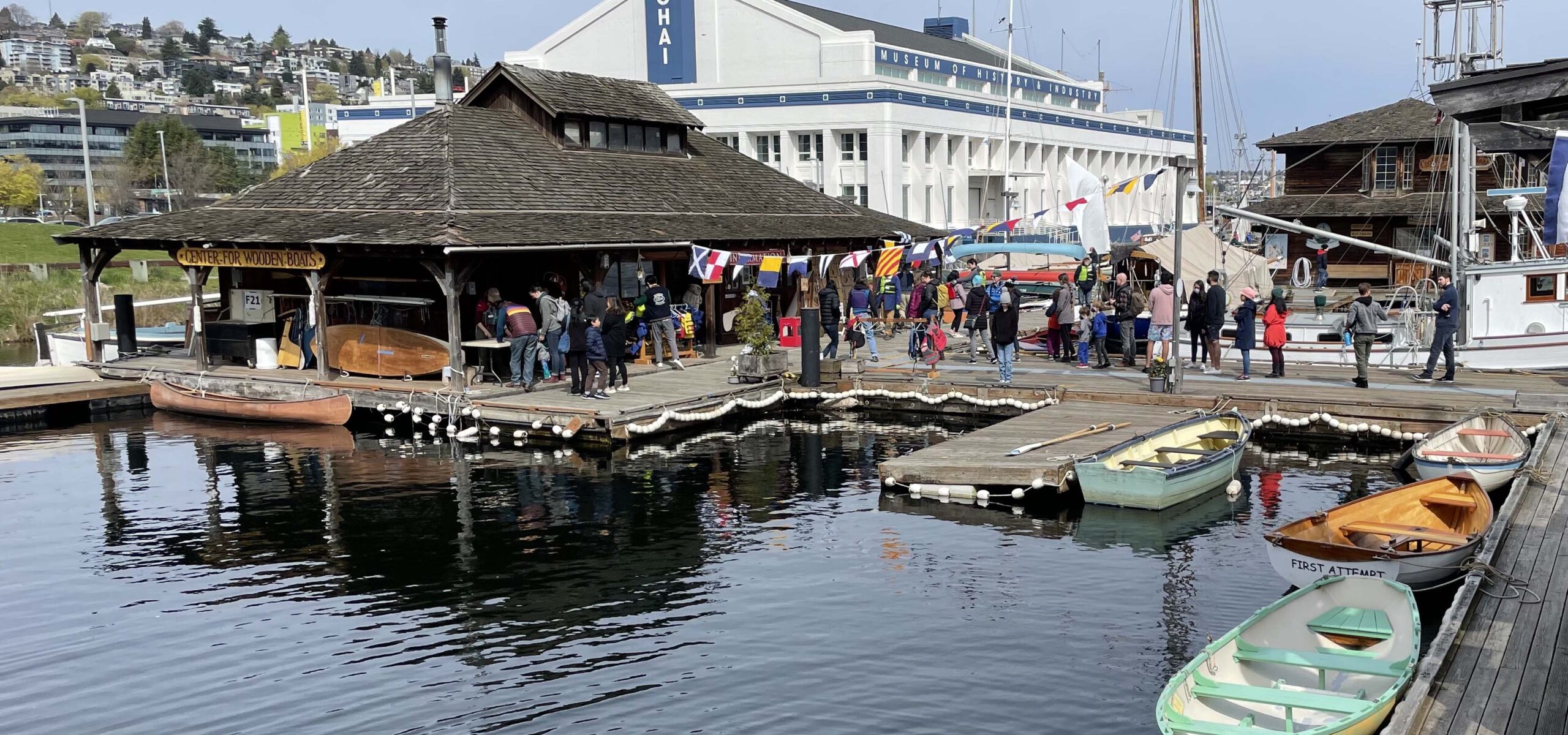 People visiting the Center for Wooden Boats.