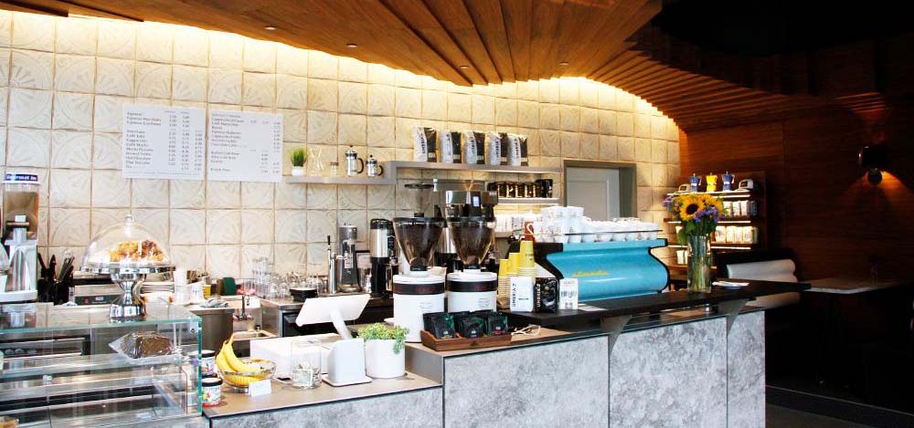 Interior view of an espresso / coffee shop.