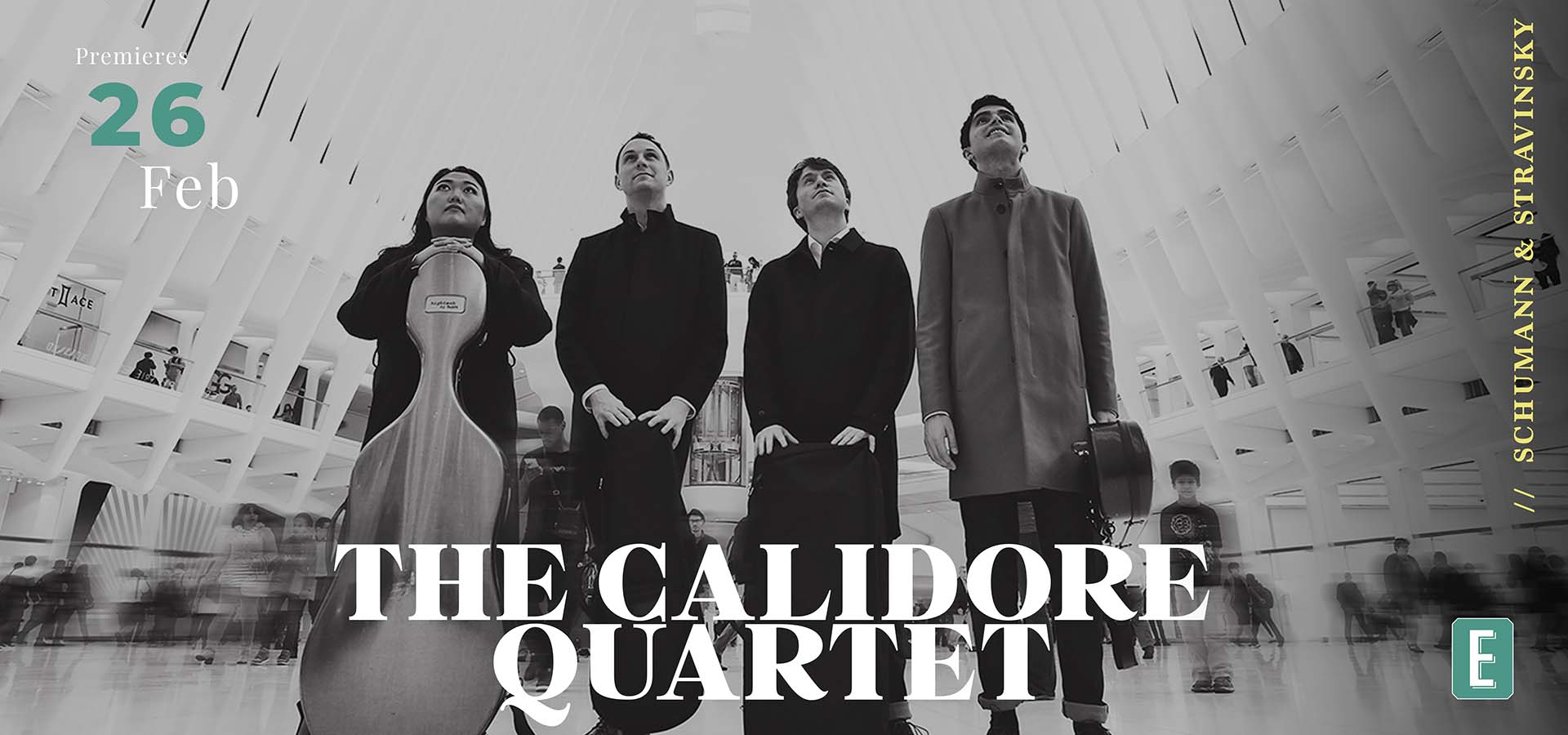 Black and white photo of the string quartet, the Calidor.