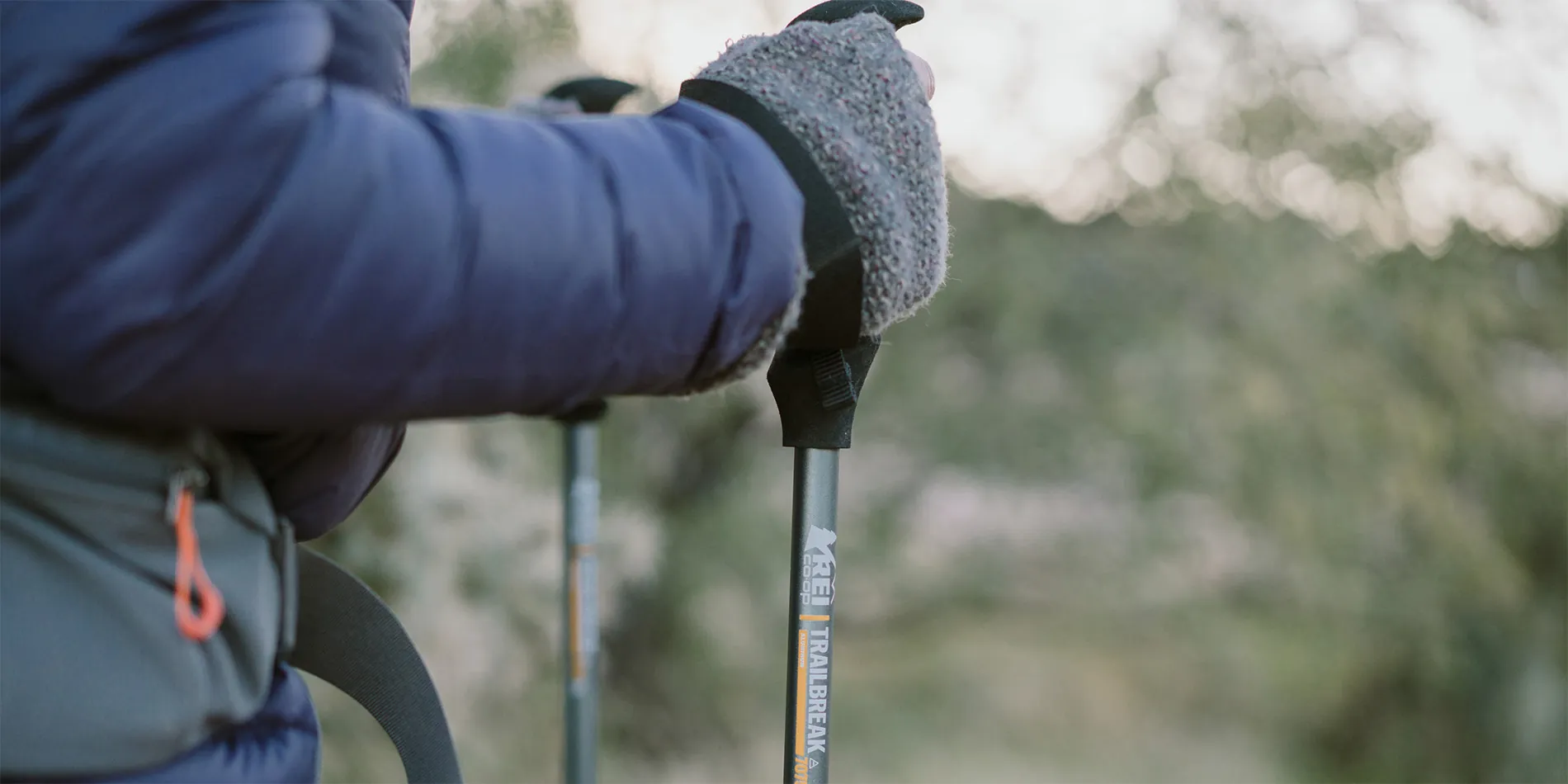 person walking with trekking poles
