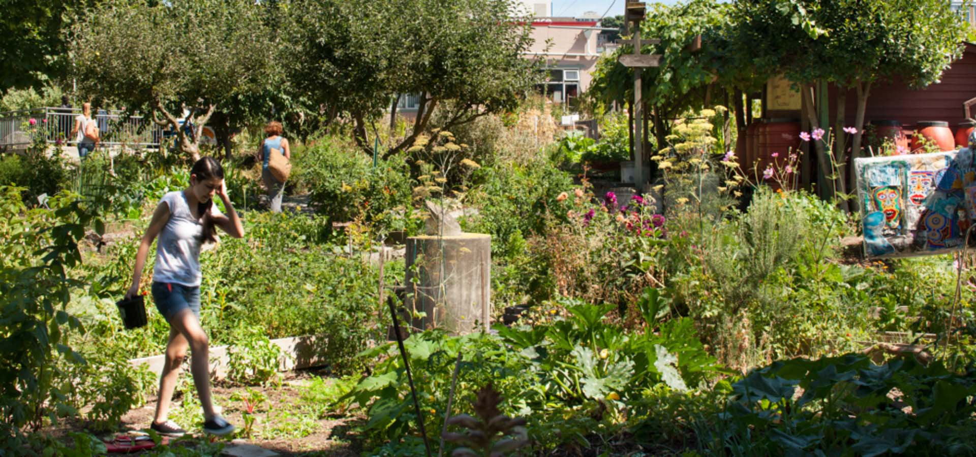 A woman walking in a vegetable garden.