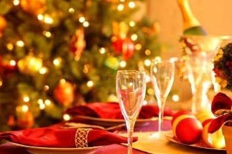 Holiday table set for dinner.