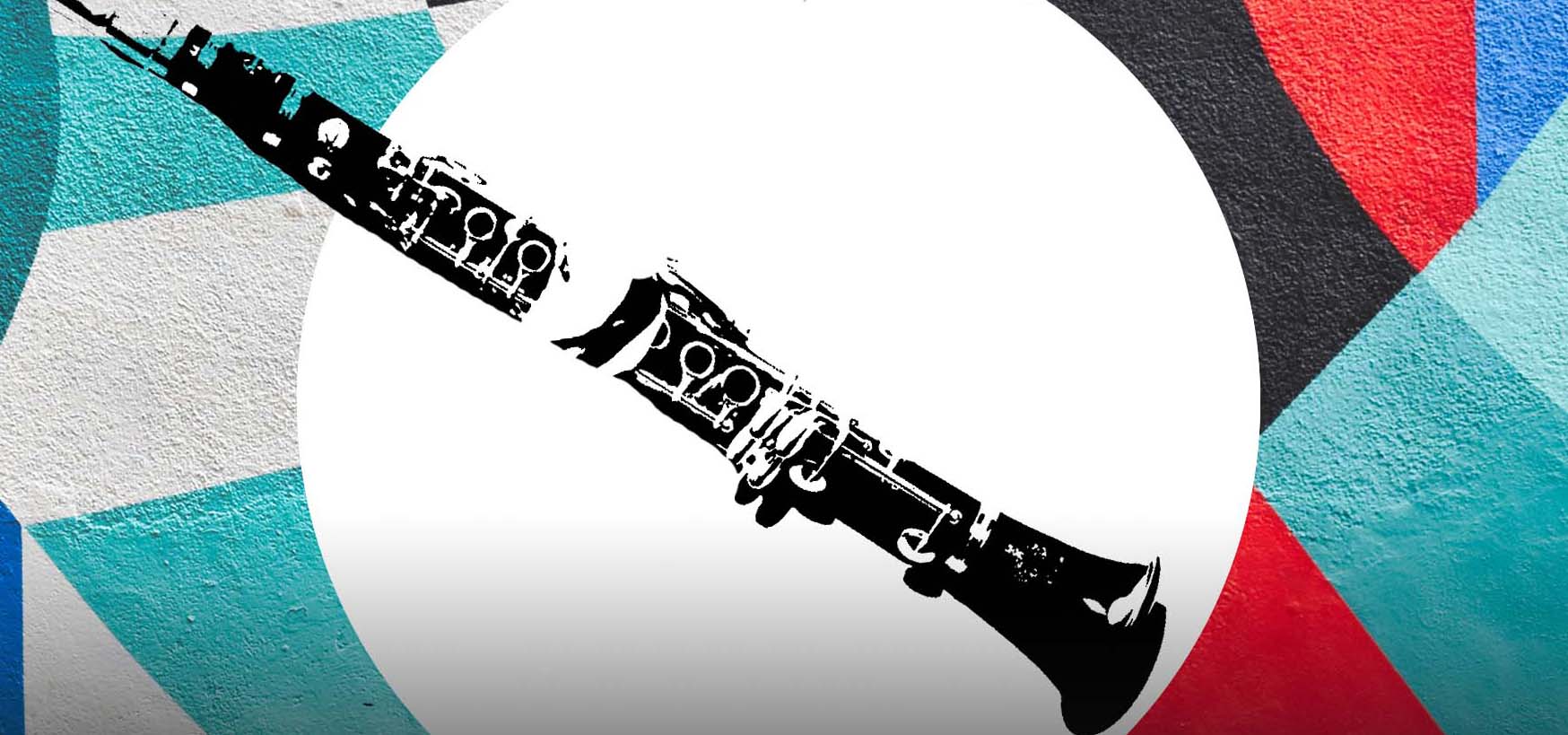 Red, blue, black and white graphic with a clarinet in the center.