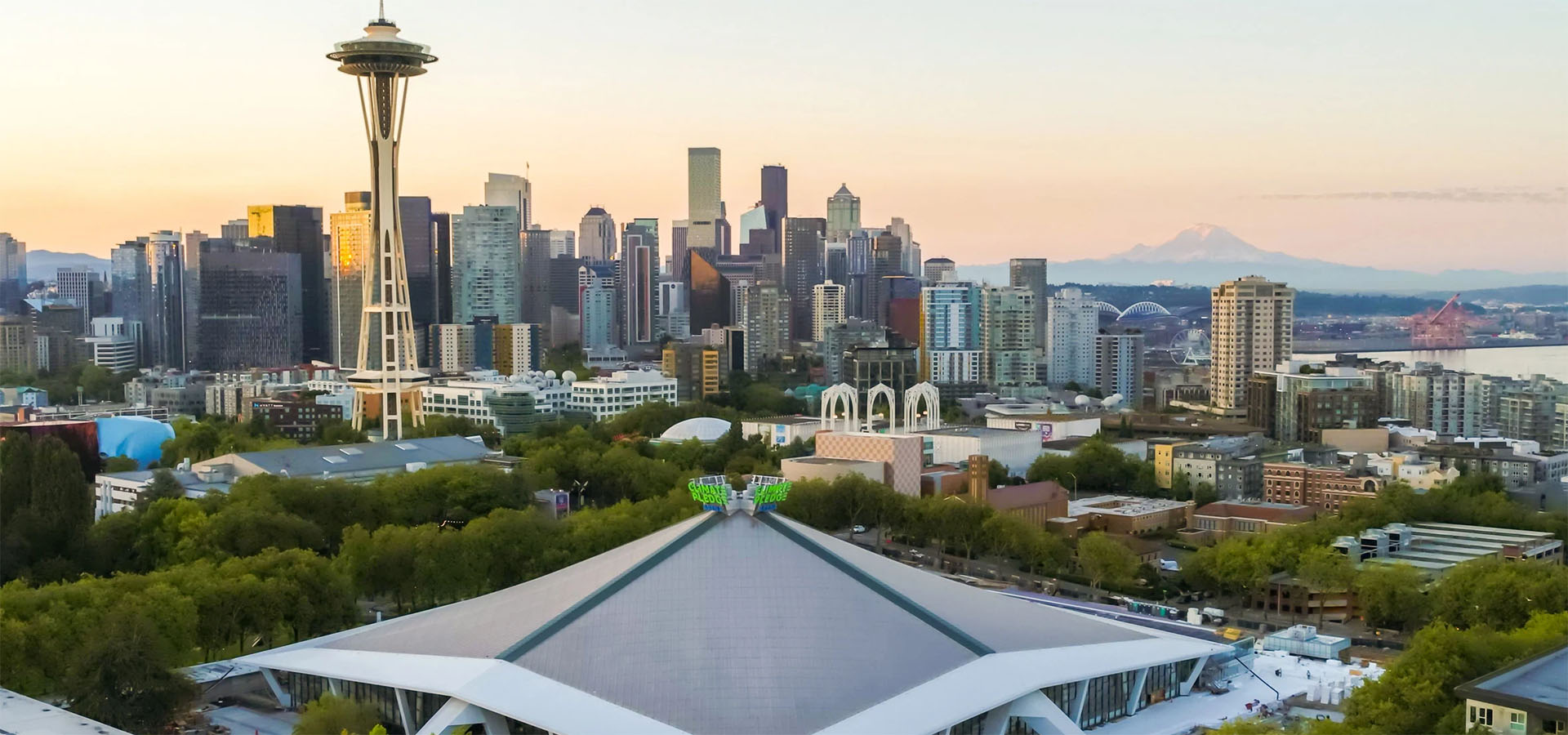 climate pledge arena, mt rainier, and space needle