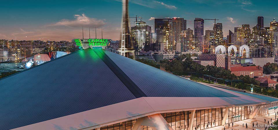 Color rendering of the new Climate Pledge Arena with Seattle Center and downtown Seattle in the background, evening sunset view.