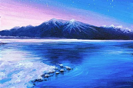 painting of water & mountains at night