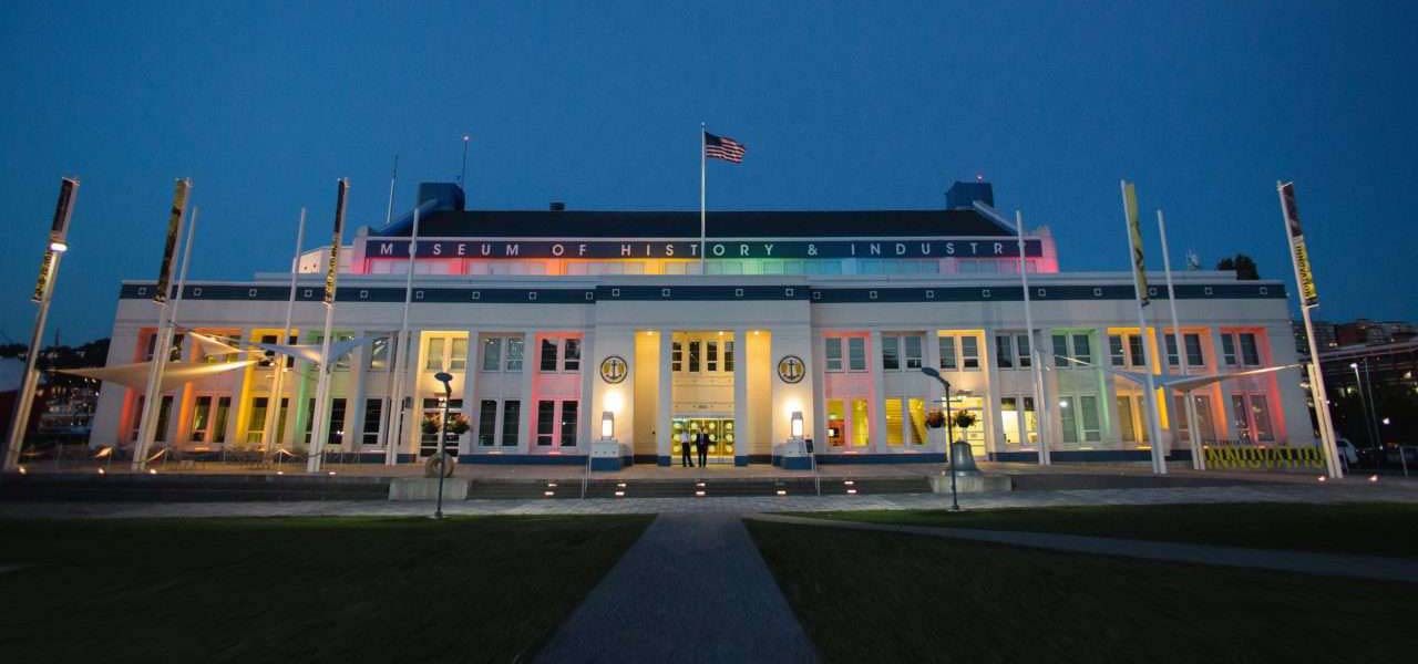 MOHAI lit up in Pride colors.