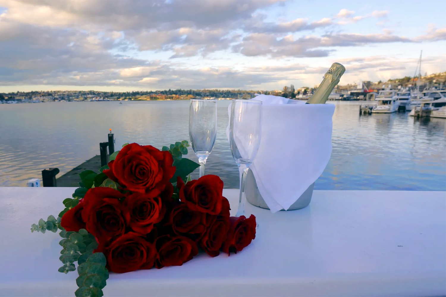 roses, champagne and lake view
