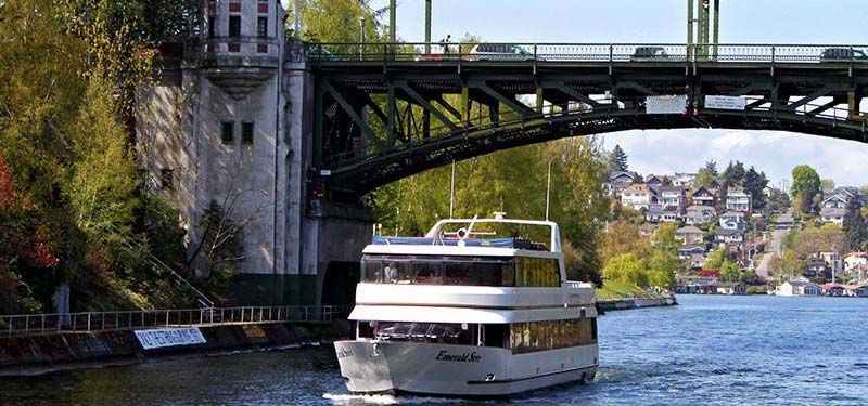 Photo of a cruise ship passing under a bridge.