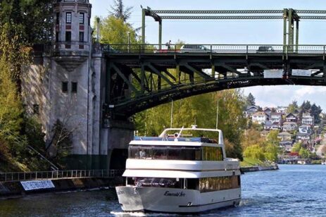 Photo of a cruise ship passing under a bridge.