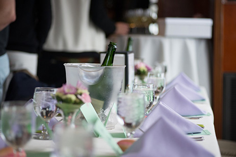 table setting with purple napkins