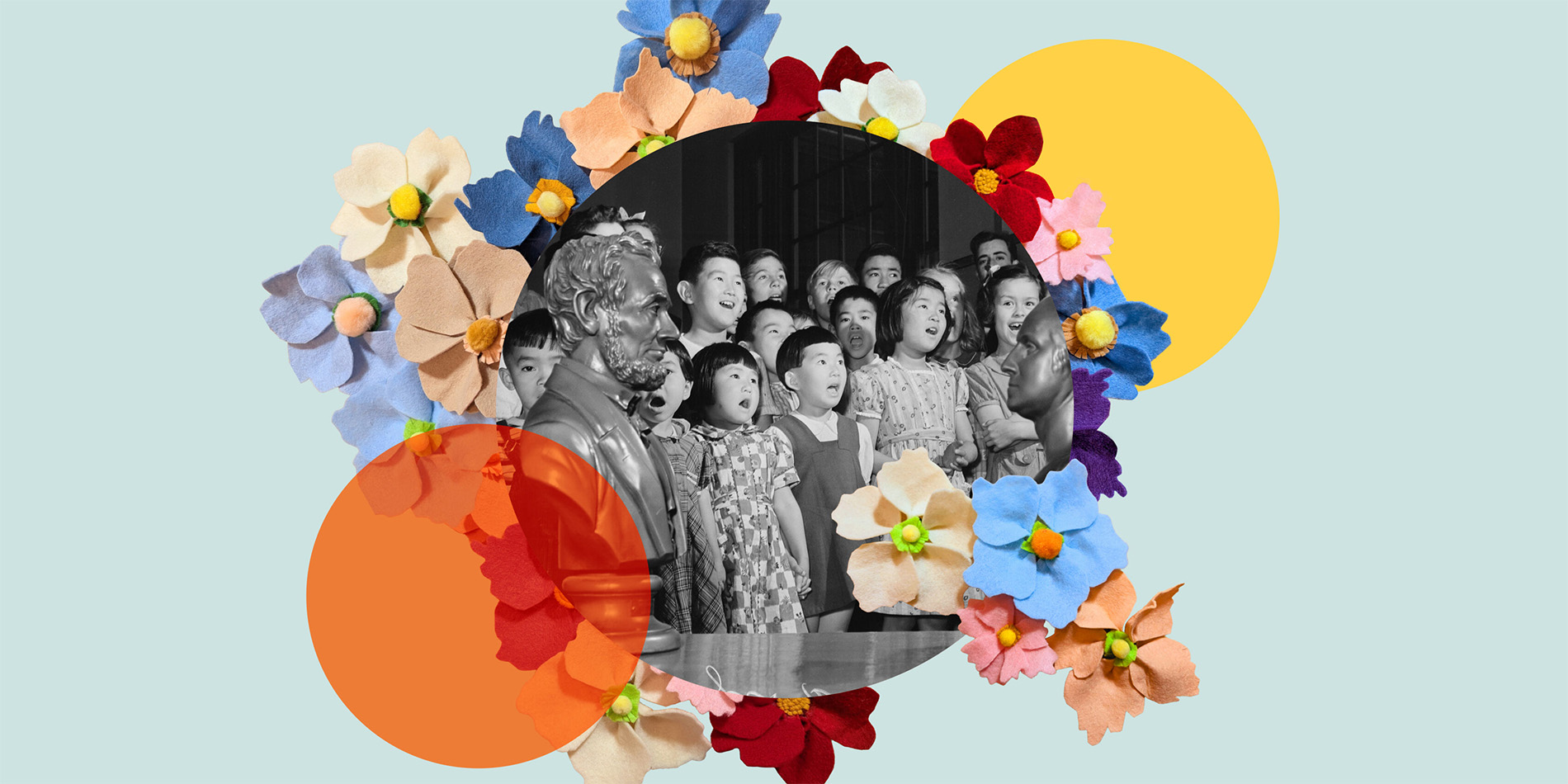 image of children singing with felt flowers around it