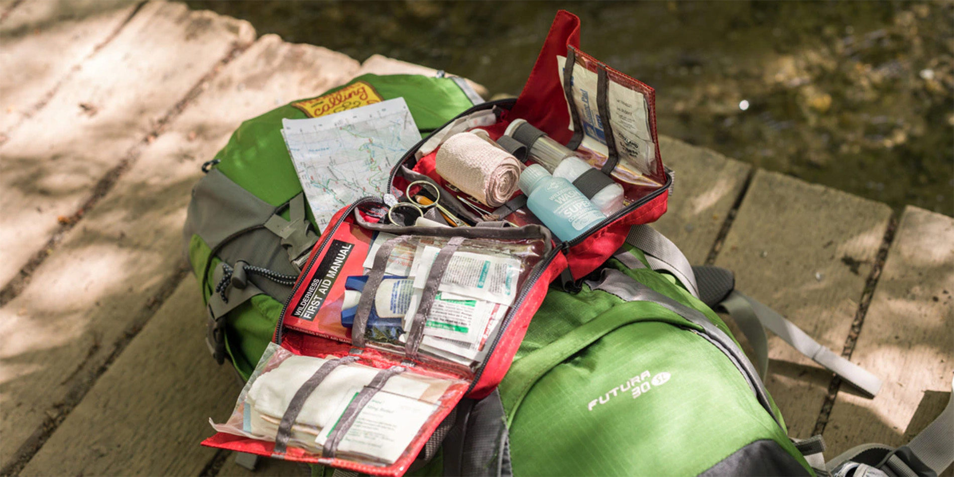 first aid kit on backpack