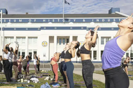 people doing yoga in the park