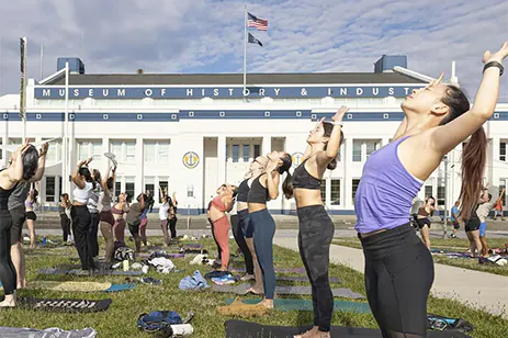 people doing yoga in the park