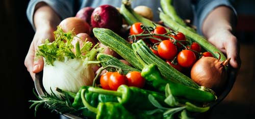 Hands holding a basket of summer vegetables.