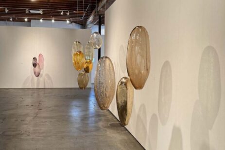 Modern art display of hanging glass bubbles.