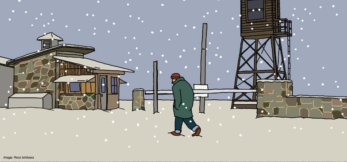 Cartoon of a man walking in the snow by some industrial buildings.