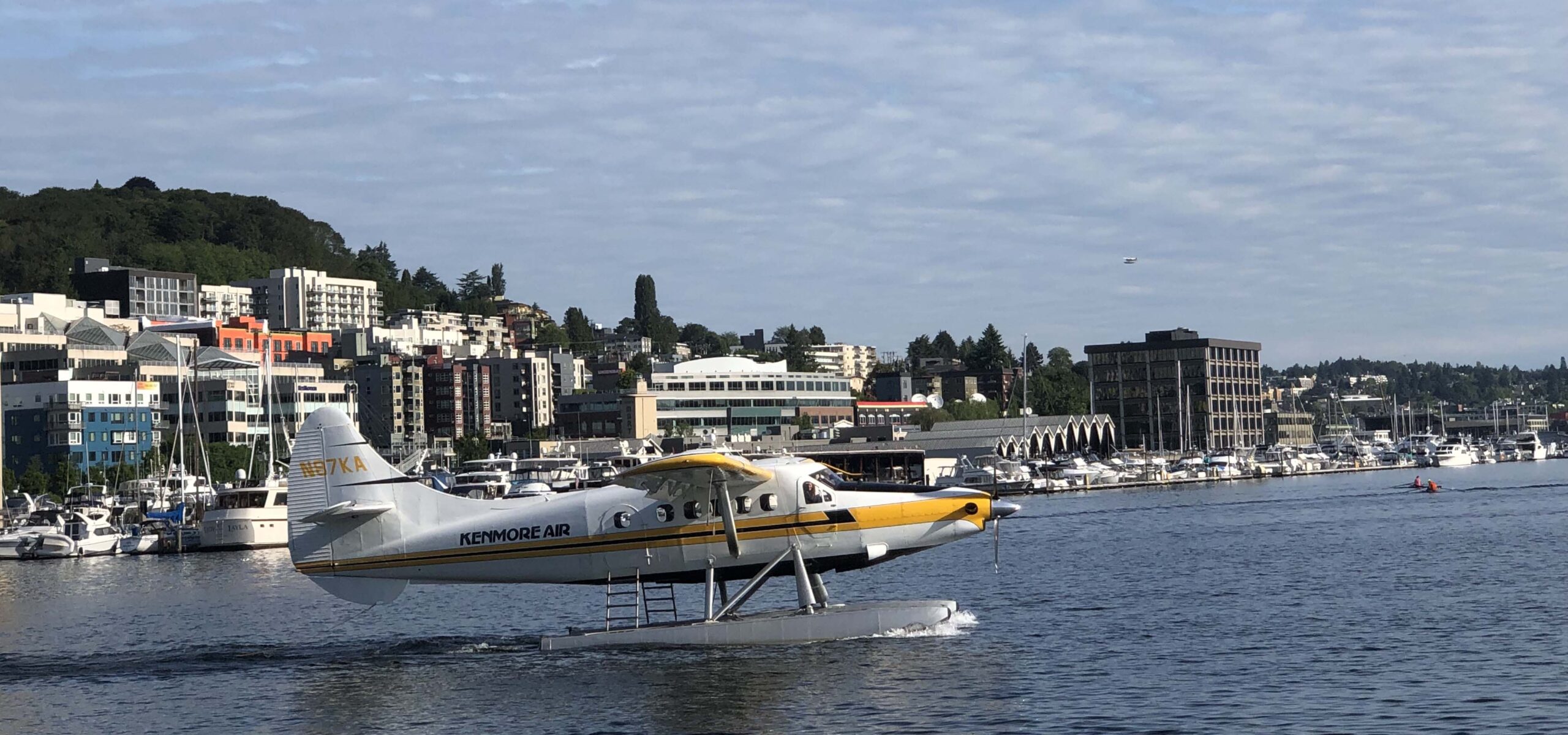 Kenmore Air float plane taking off on South Lake Union.