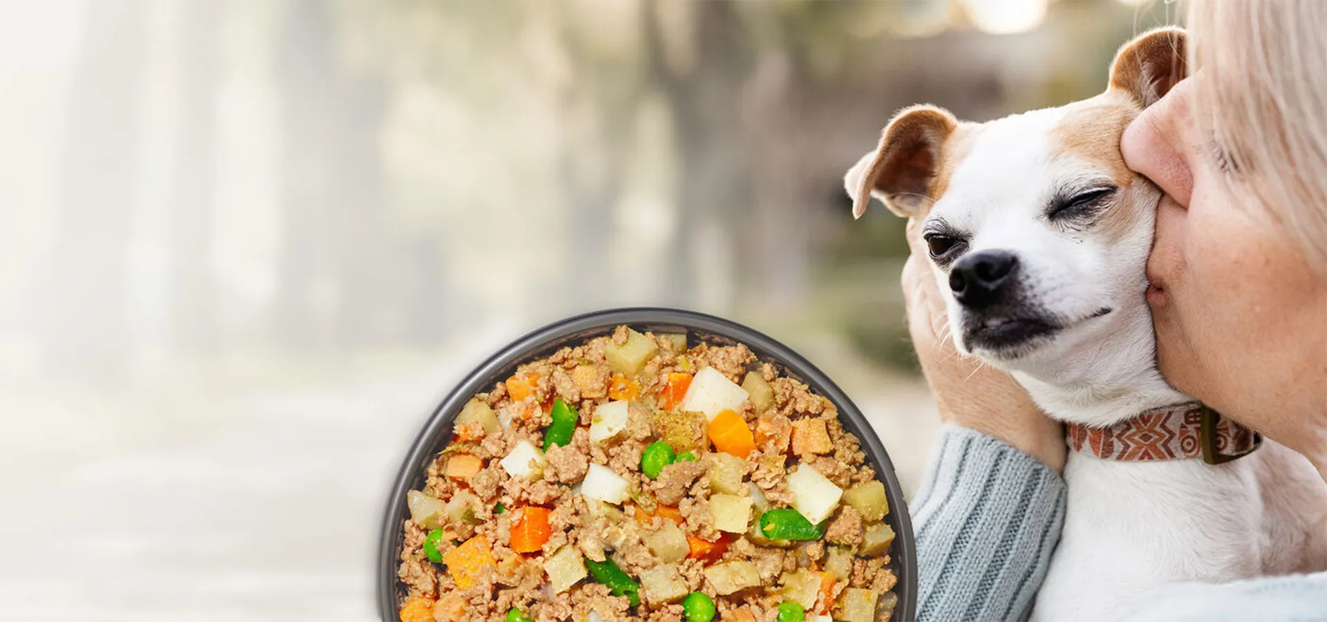 bowl of dog food and woman with dog