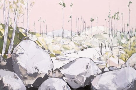 Painting of landscape featuring pastels of boulders, barren trees and sky.