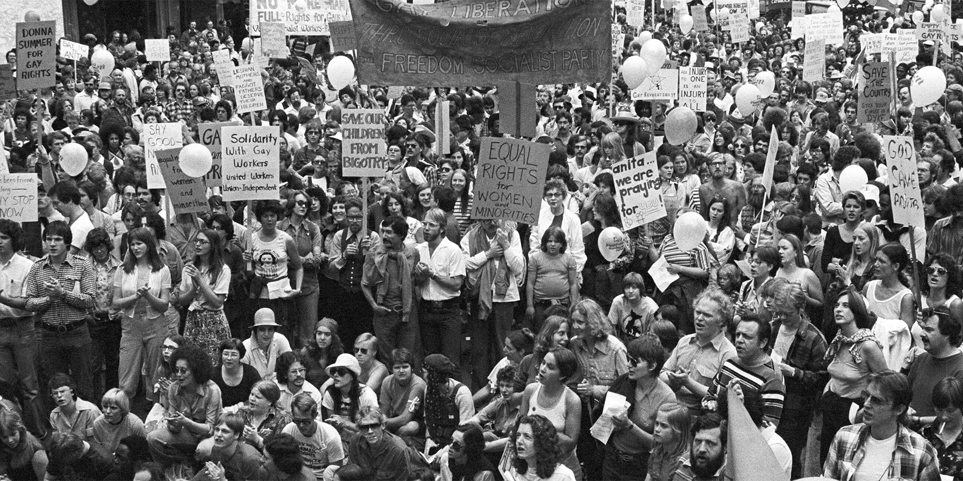 b&w image of crowd of protestors