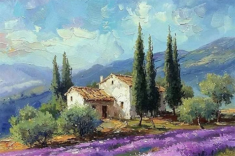 painting of house in lavender field